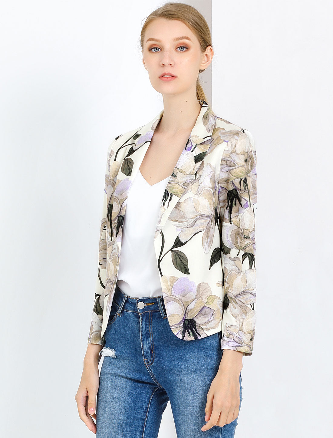 Open Front Floral Work Business Crop Blazer Jacket