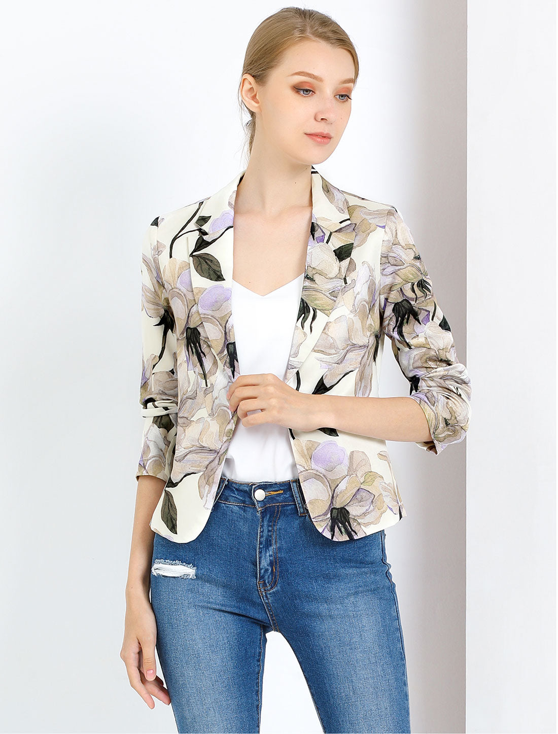 Open Front Floral Work Business Crop Blazer Jacket