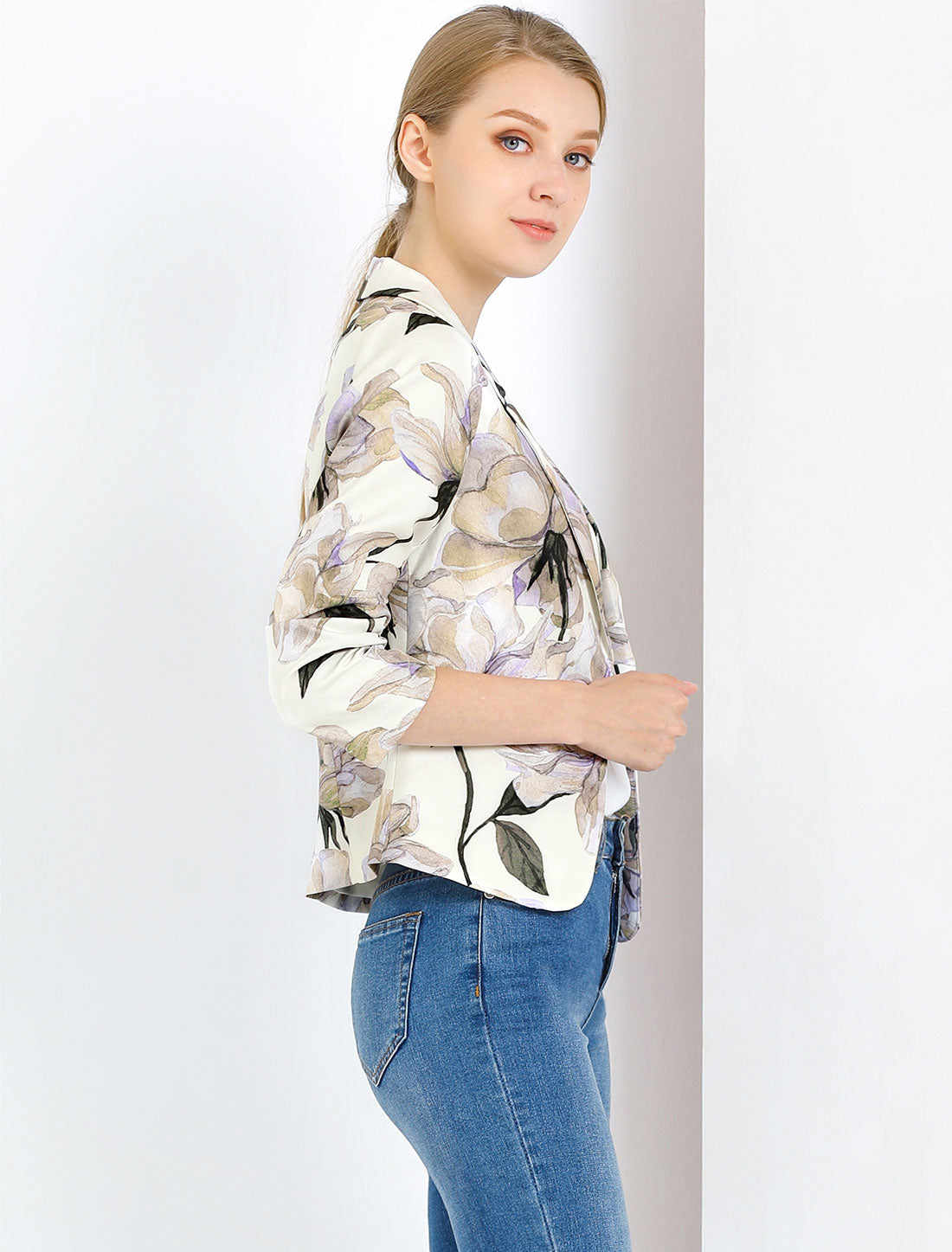 Open Front Floral Work Business Crop Blazer Jacket