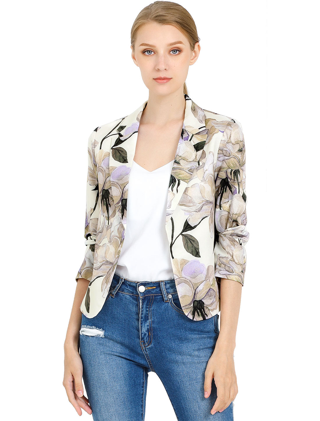 Open Front Floral Work Business Crop Blazer Jacket