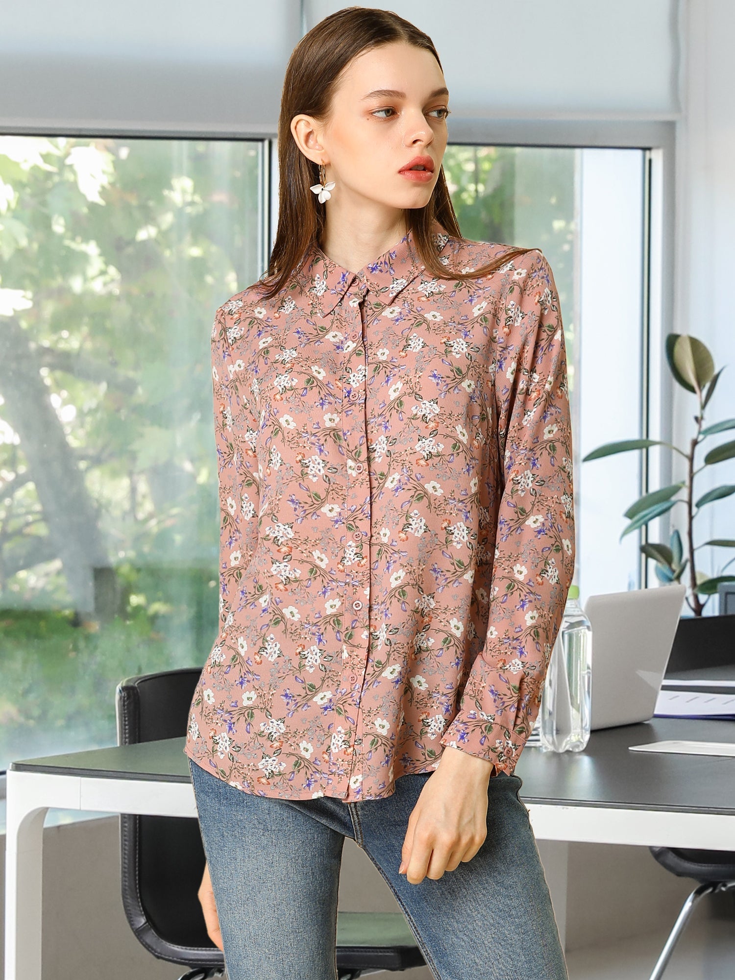 Button Down Floral Shirt Blouse Long Sleeve Point Collar Top