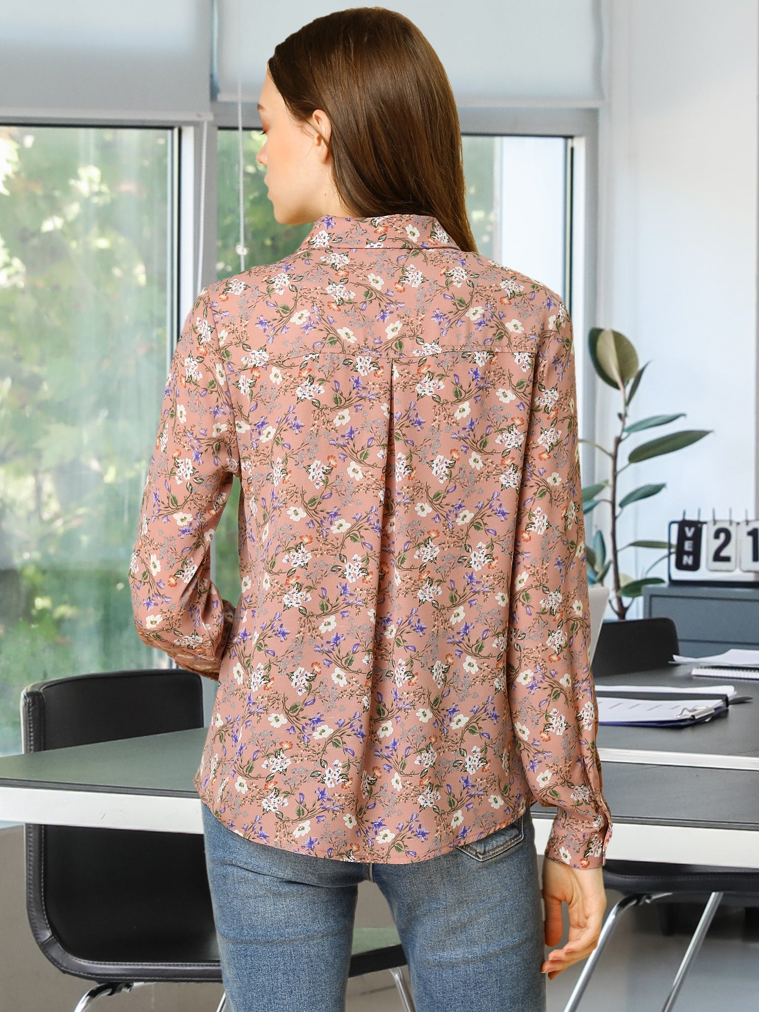 Button Down Floral Shirt Blouse Long Sleeve Point Collar Top
