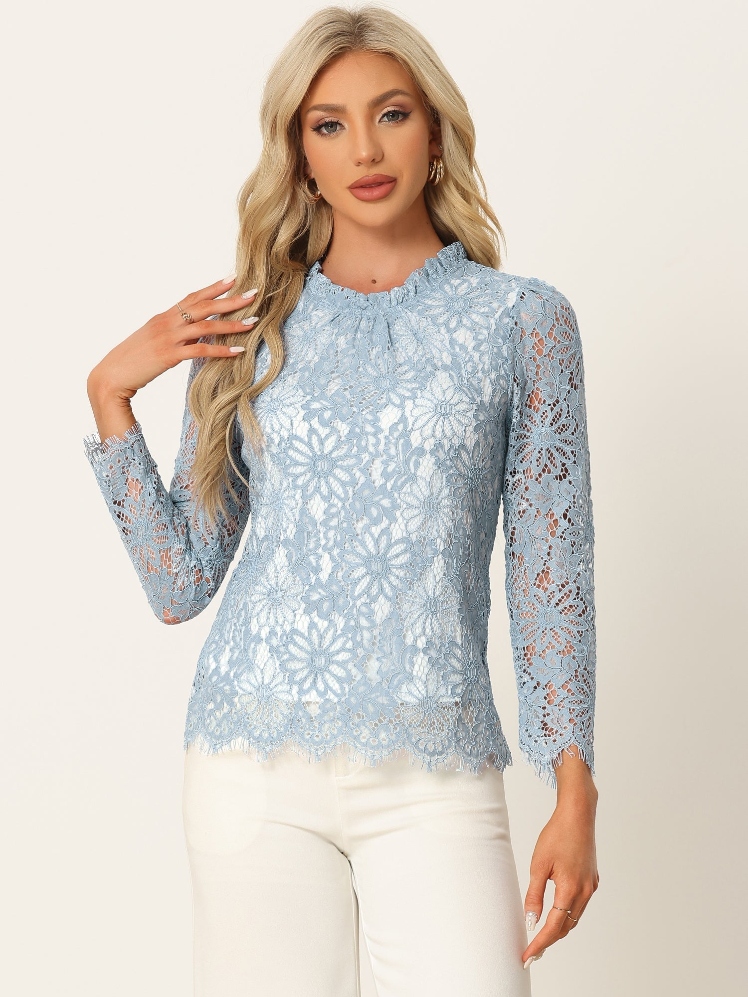 Lace Long Sleeve Ruffle Stand Neck Floral Blouse
