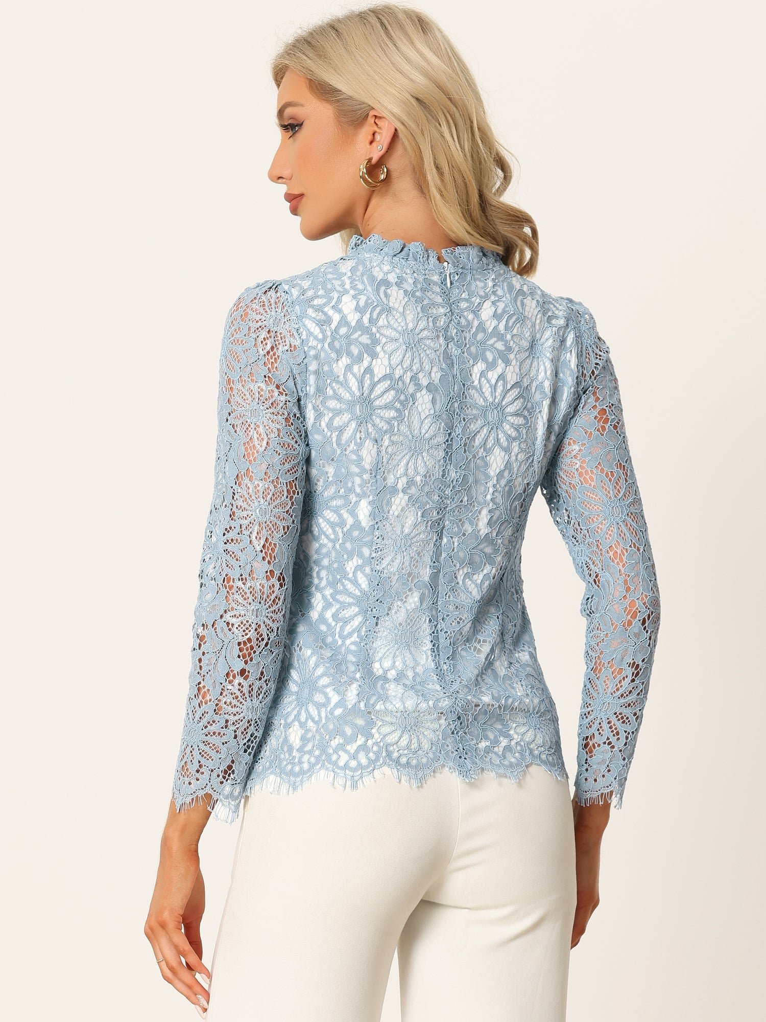 Lace Long Sleeve Ruffle Stand Neck Floral Blouse