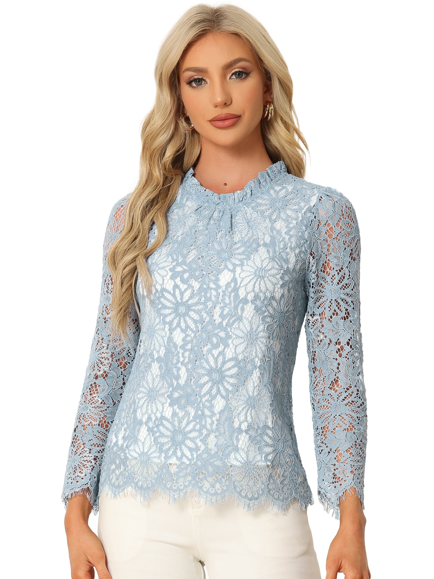 Lace Long Sleeve Ruffle Stand Neck Floral Blouse
