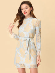 Lace Floral Ruffle Crew Neck Cocktail Mini Dress