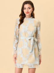 Lace Floral Ruffle Crew Neck Cocktail Mini Dress