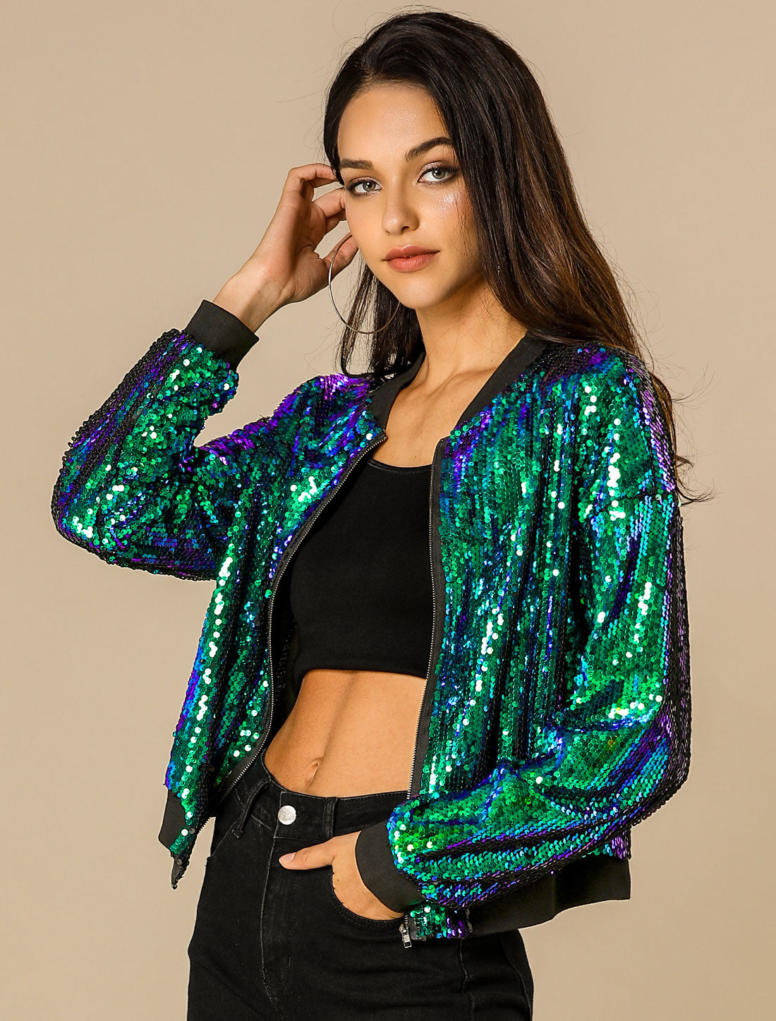 Sequin Sparkle Party Long Sleeve Zipper Bomber Jacket