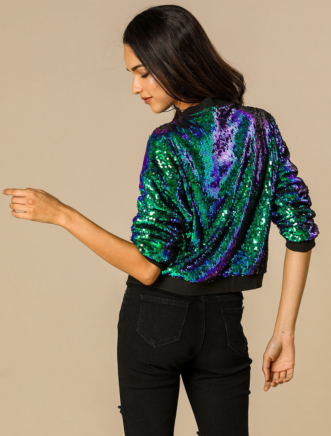 Sequin Sparkle Party Long Sleeve Zipper Bomber Jacket