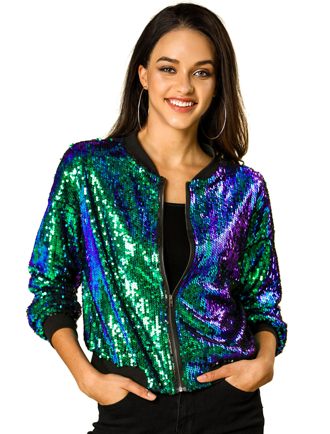 Sequin Sparkle Party Long Sleeve Zipper Bomber Jacket