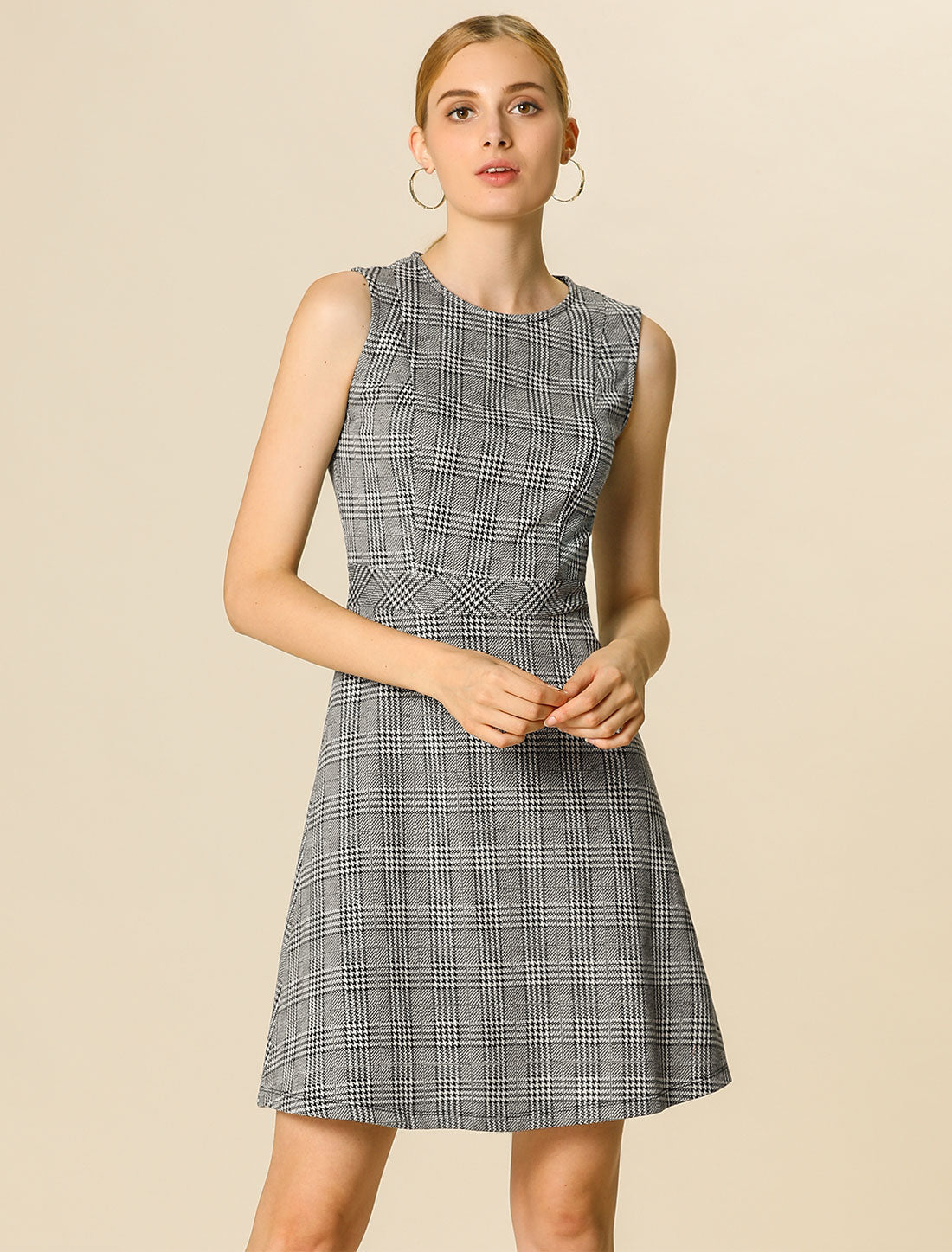 Plaid Sleeveless Fit and Flare Houndstooth Work Dress