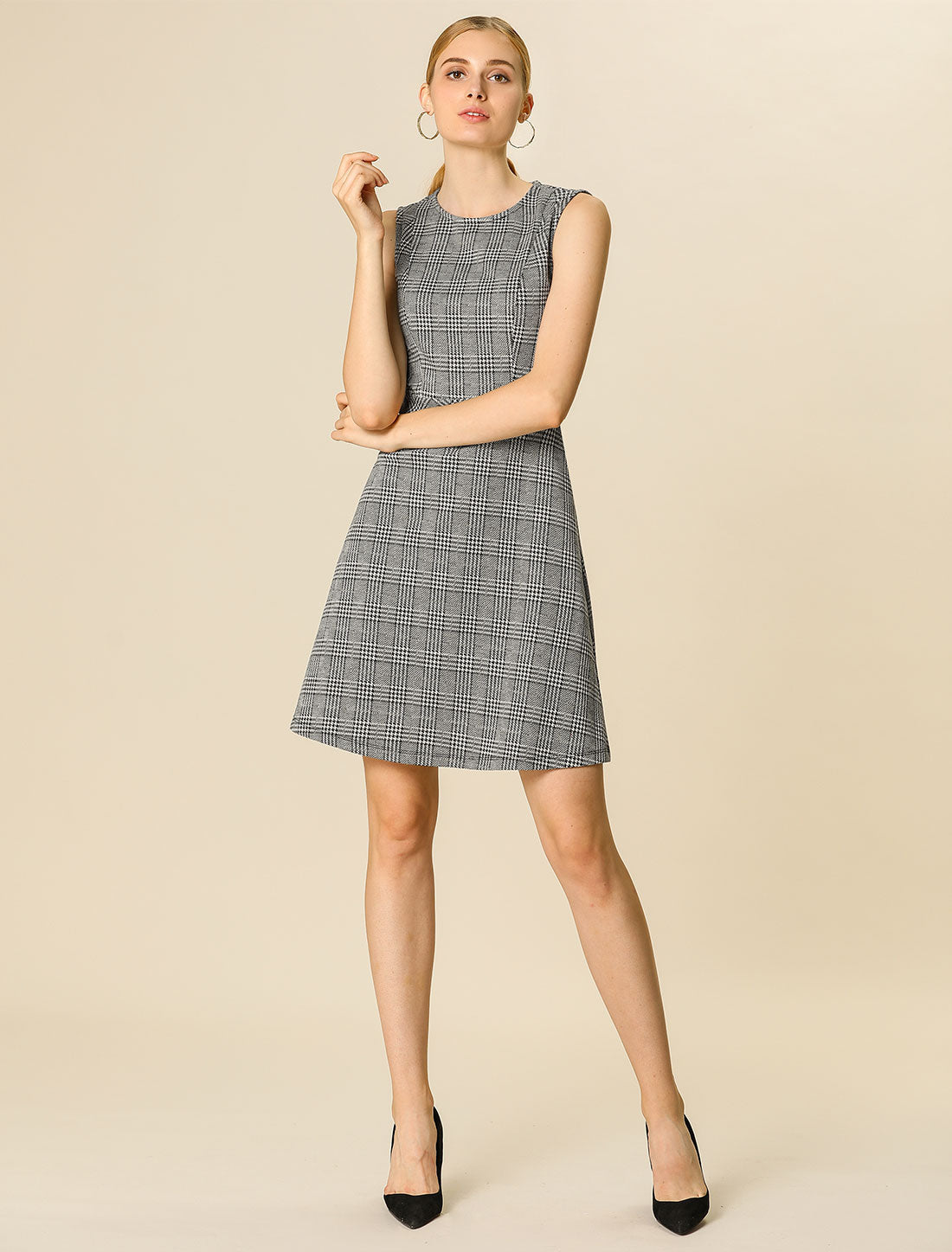 Plaid Sleeveless Fit and Flare Houndstooth Work Dress