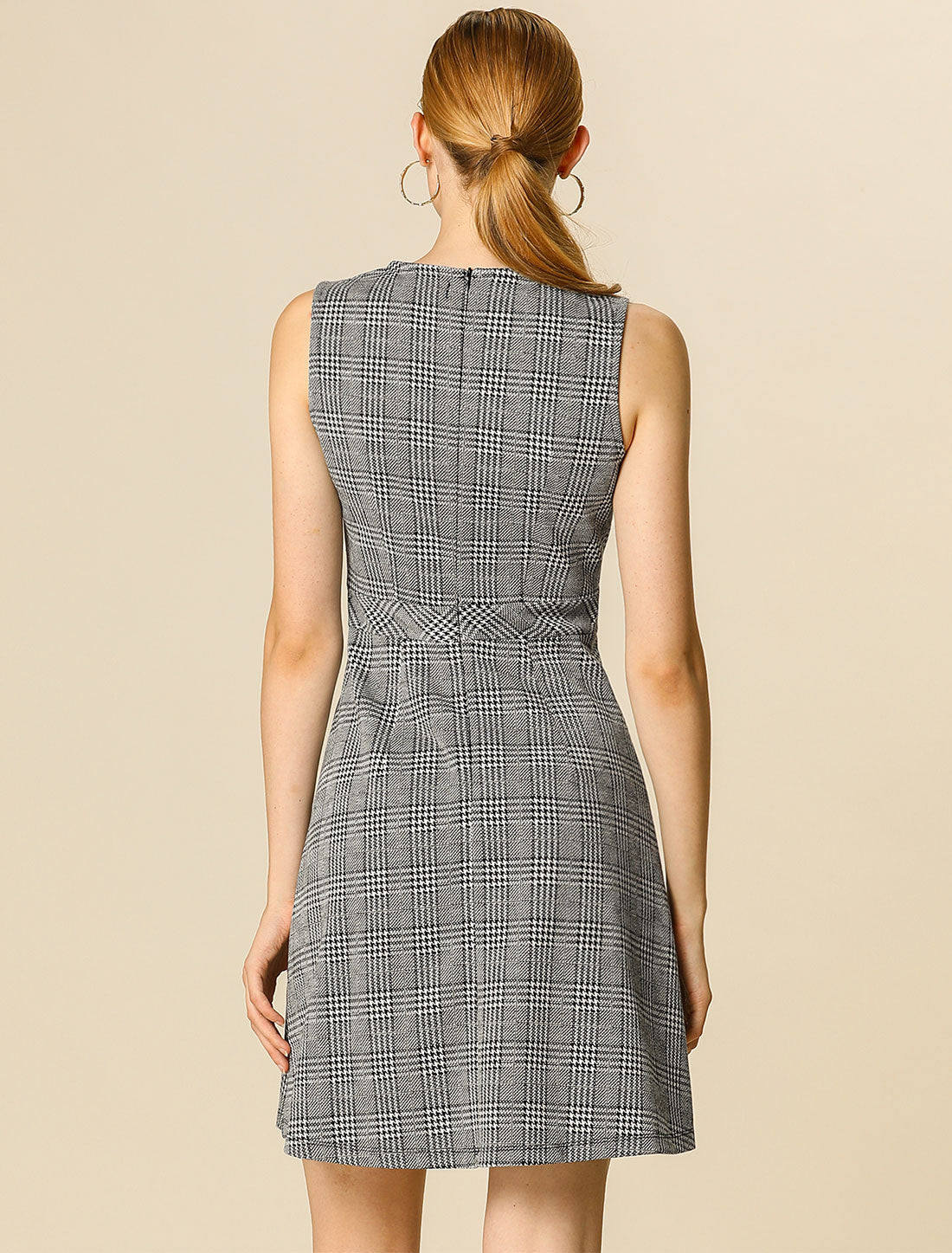 Plaid Sleeveless Fit and Flare Houndstooth Work Dress