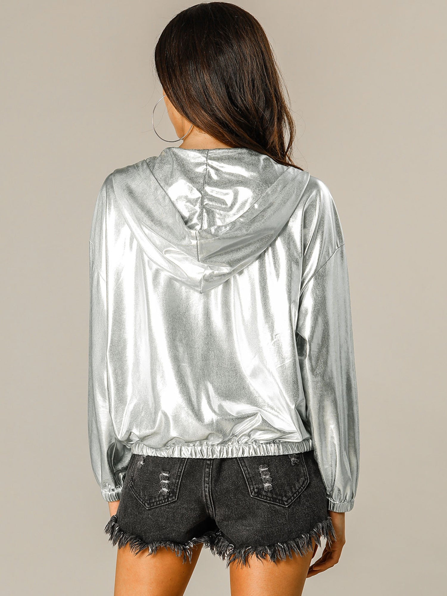 Holographic Party Shiny Lightweight Zipper Hooded Metallic Jacket