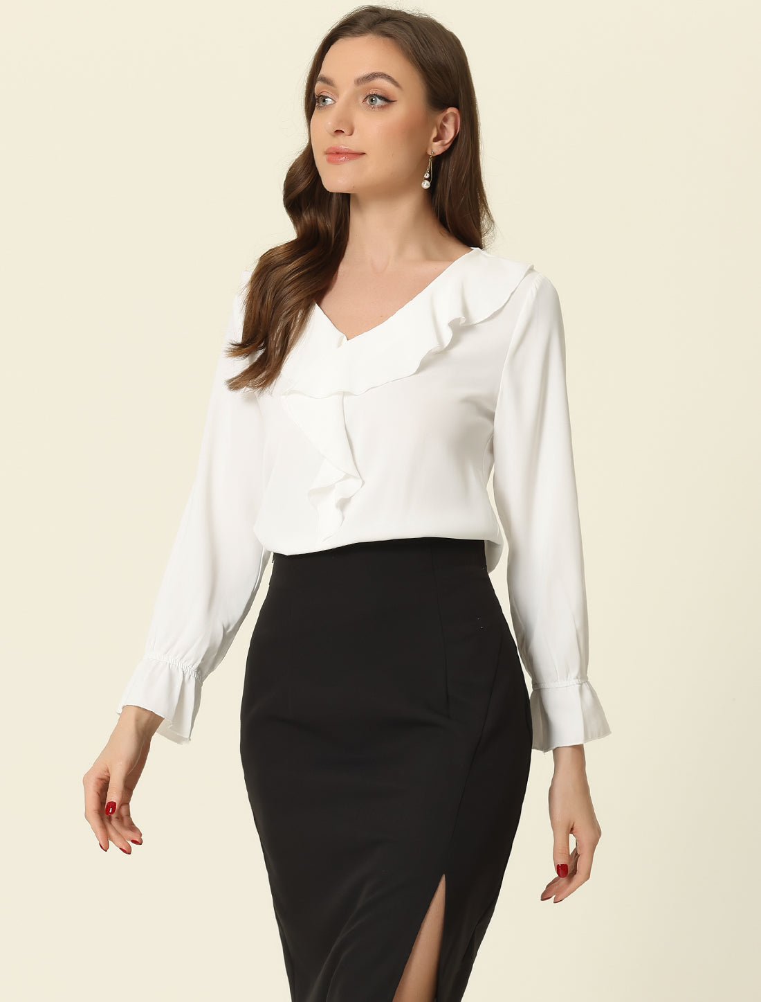 Ruffle Neck Gathered Cuff Long Sleeves Blouse