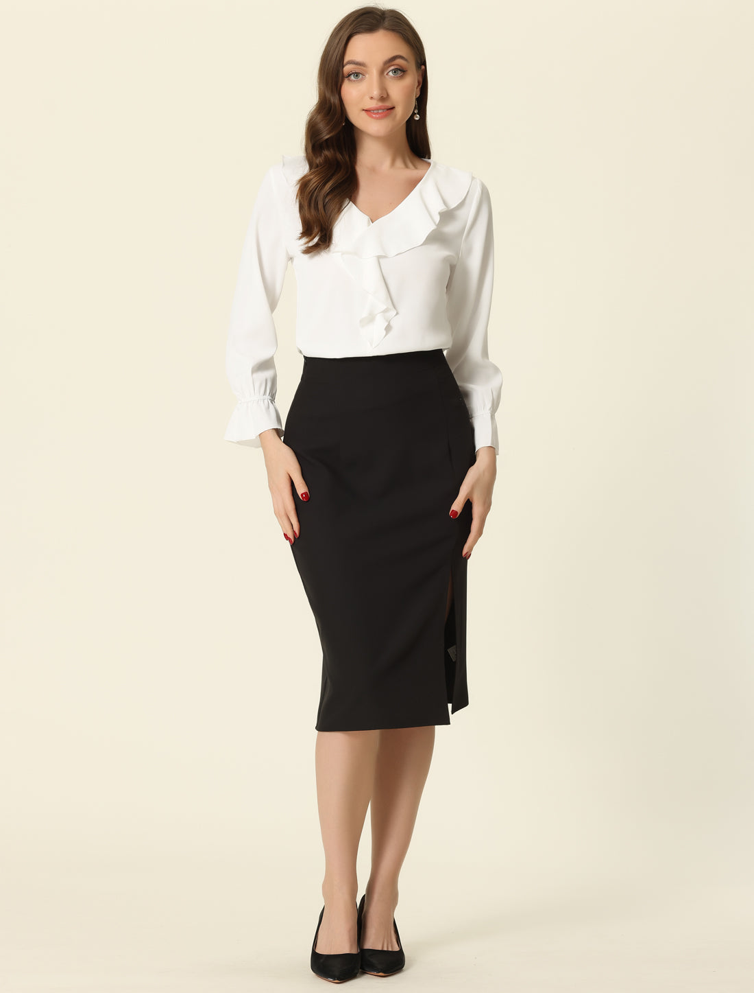 Ruffle Neck Gathered Cuff Long Sleeves Blouse