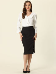 Ruffle Neck Gathered Cuff Long Sleeves Blouse