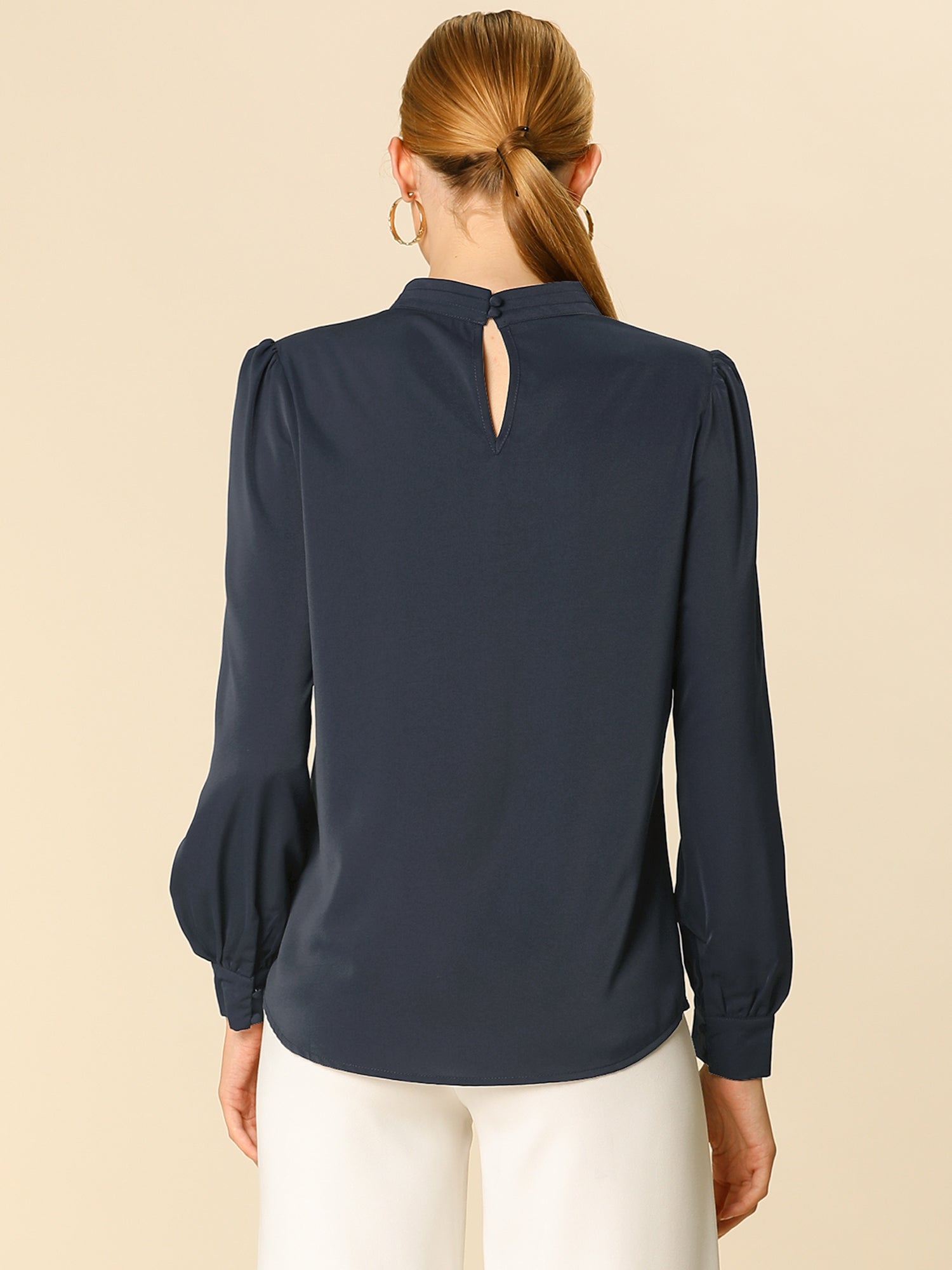 Keyhole Elegant Stand Collar Long Sleeve Chiffon Office Blouse