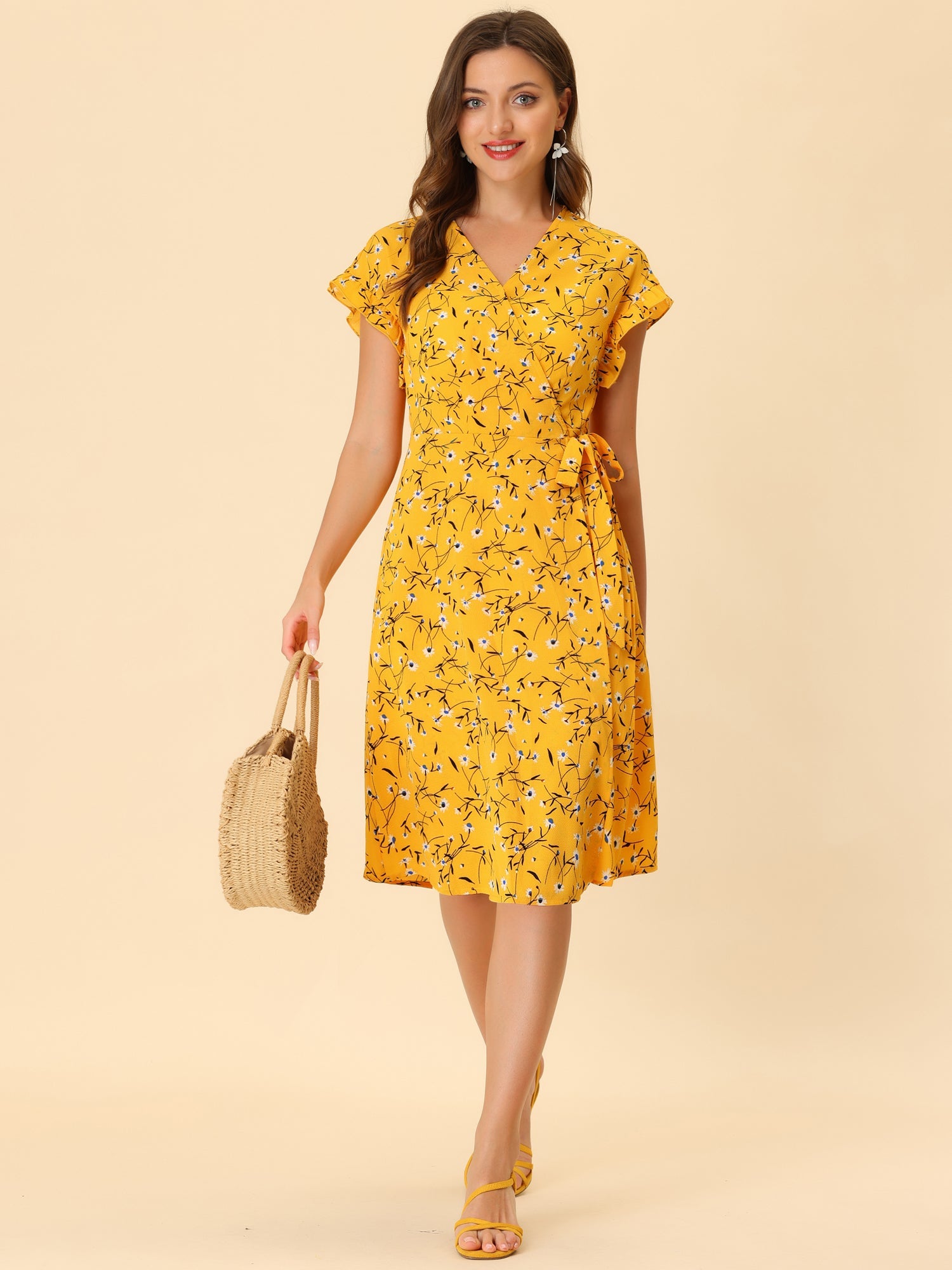 Ditsy Floral V Neck Ruffle Flutter Sleeve Midi Wrap Dress