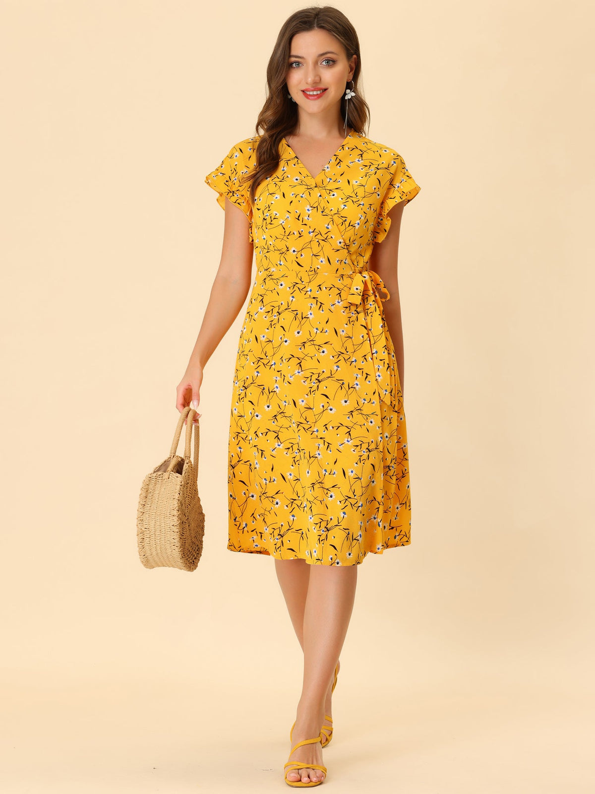 Ditsy Floral V Neck Ruffle Flutter Sleeve Midi Wrap Dress