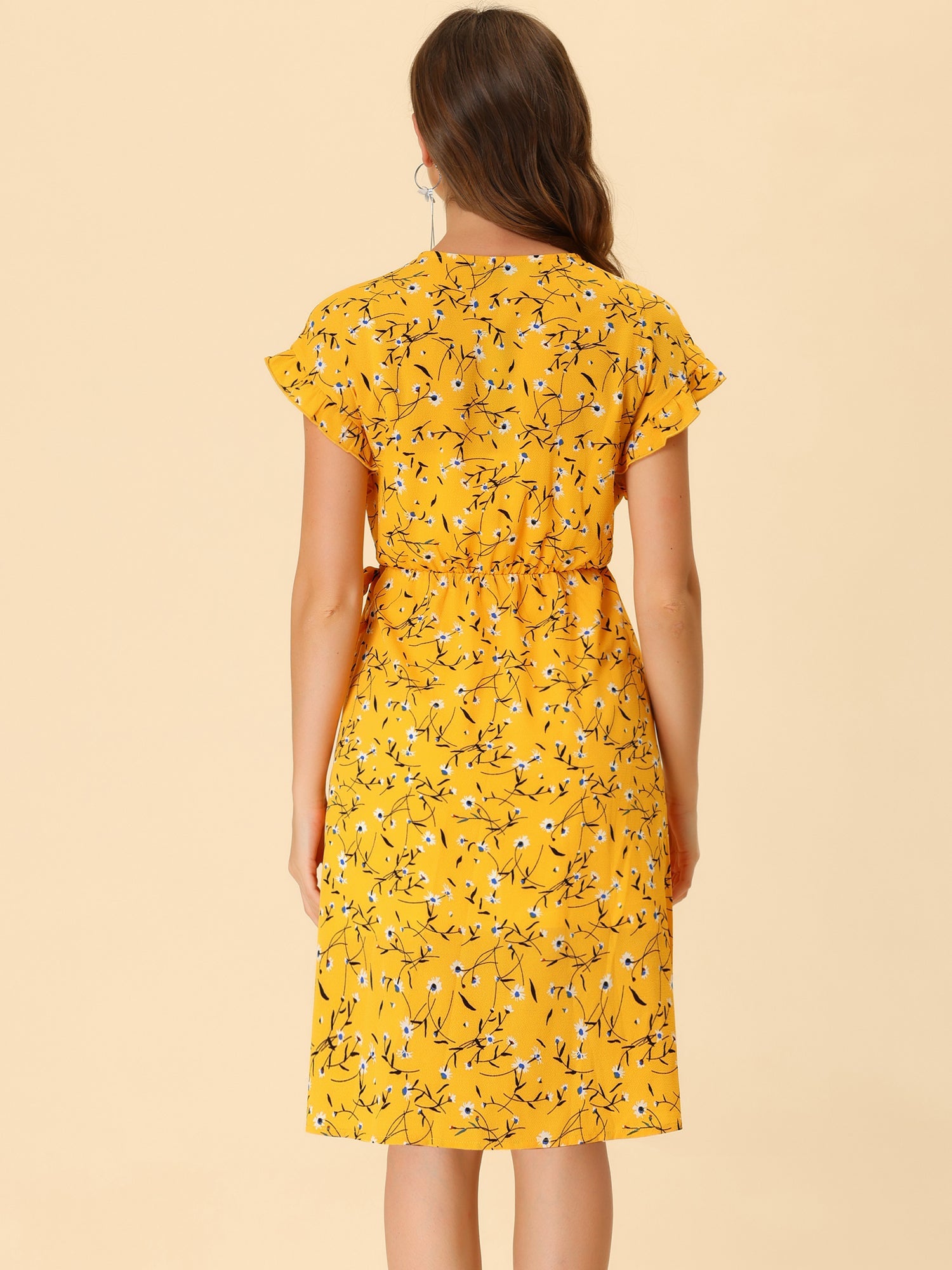 Ditsy Floral V Neck Ruffle Flutter Sleeve Midi Wrap Dress