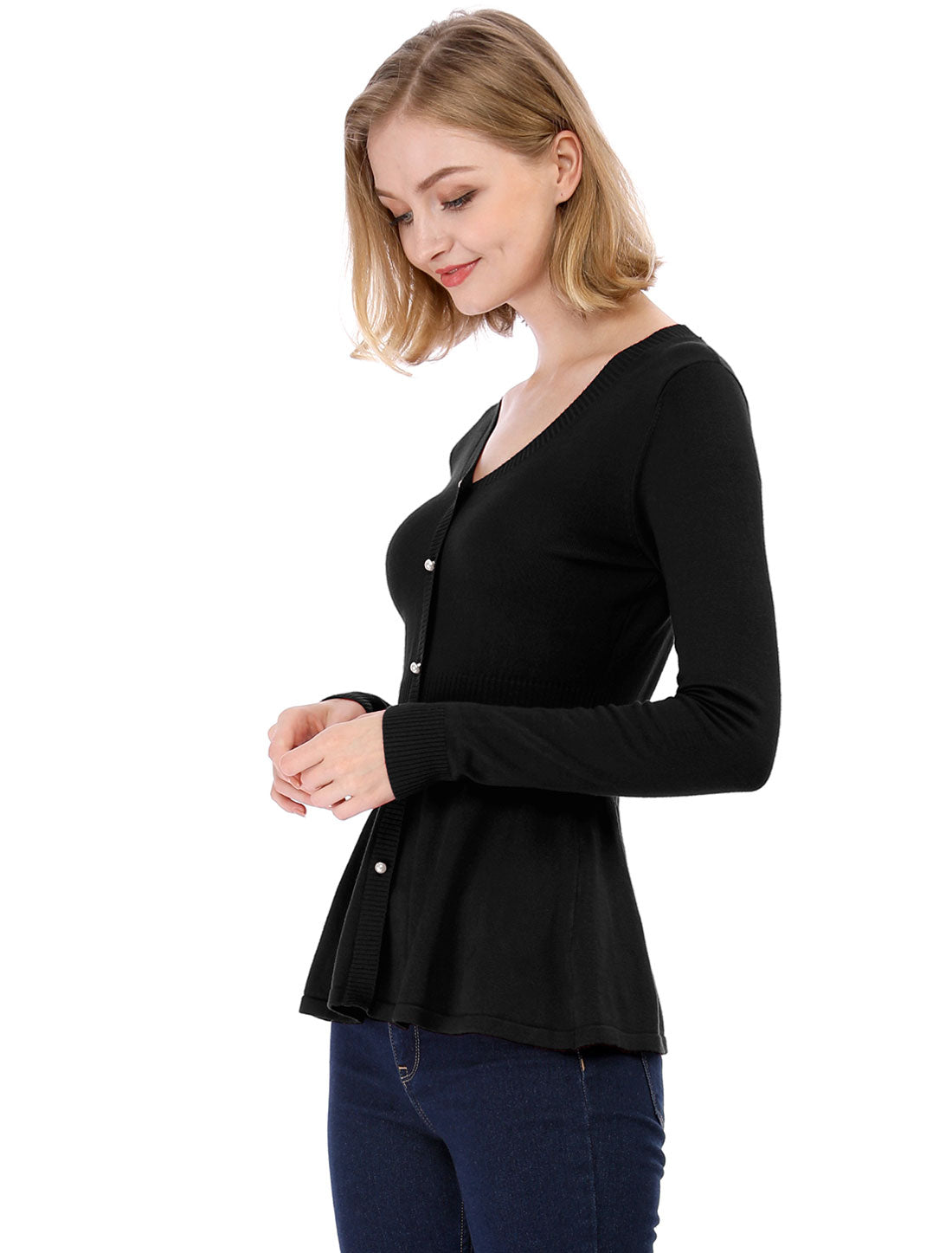 V Neck Long Sleeve Ribbed Pullover Knitted Peplum Top