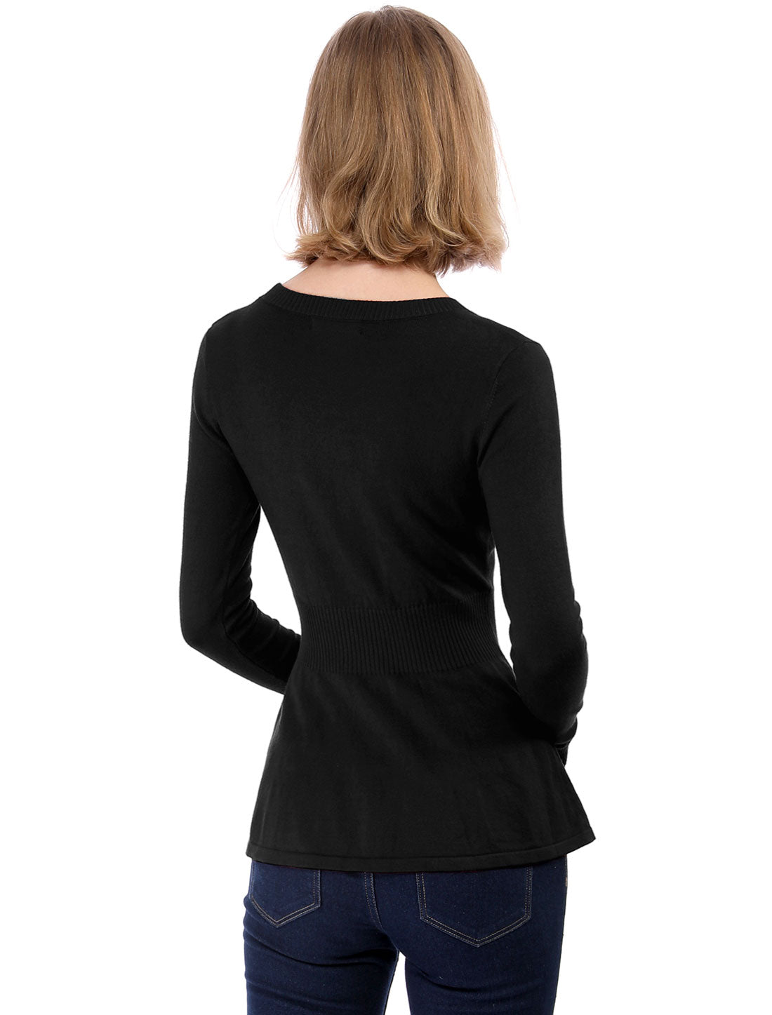 V Neck Long Sleeve Ribbed Pullover Knitted Peplum Top