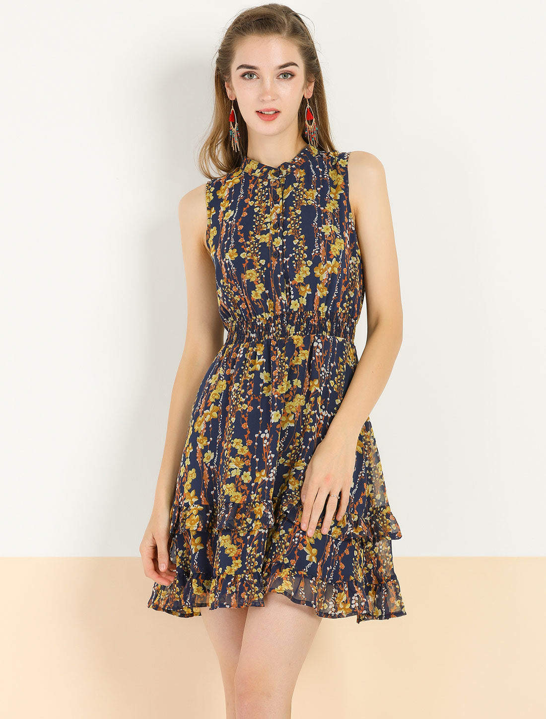Floral A-line Smocked Waist Tiered Ruffled Chiffon Mini Dress