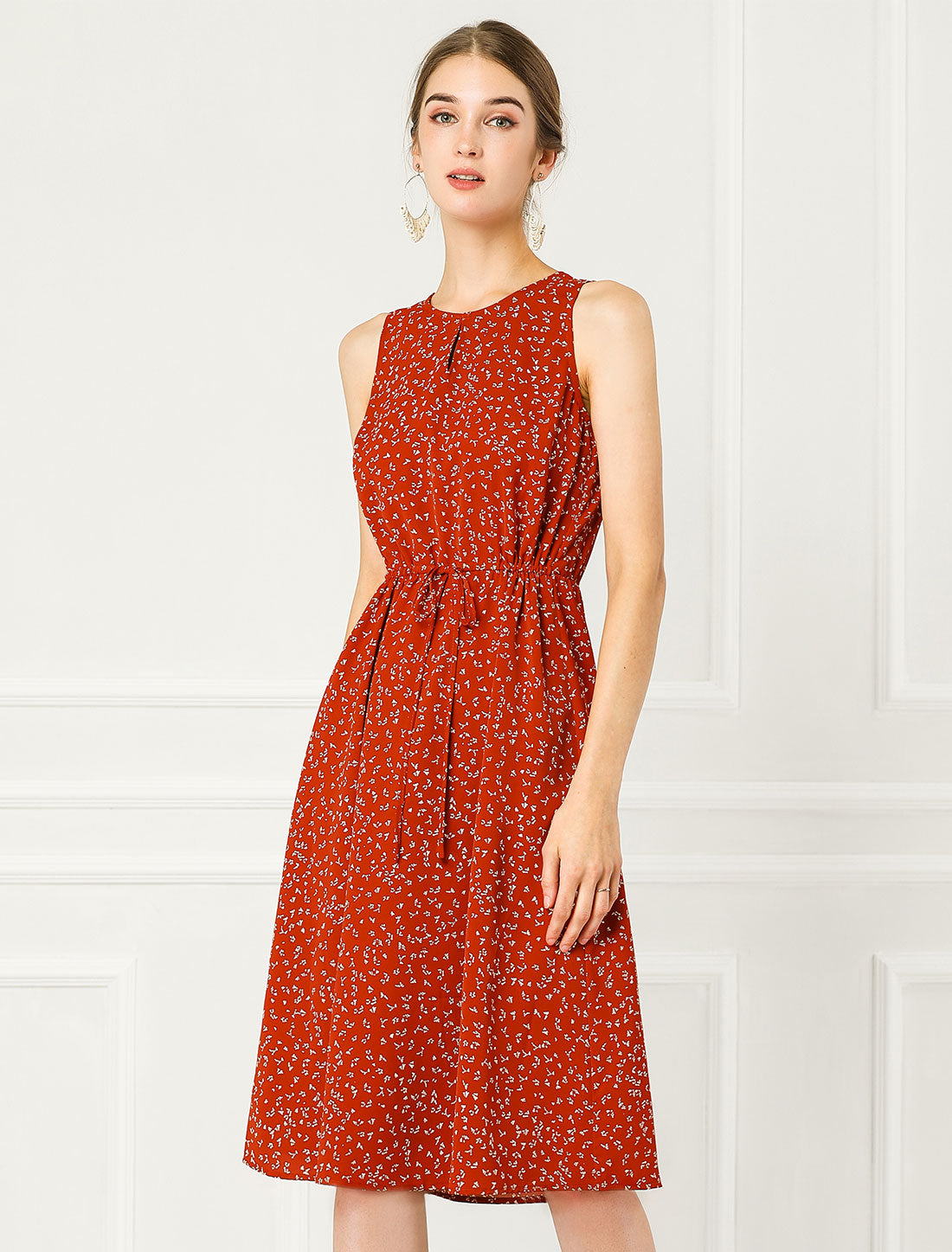 Floral Drawstring Waist Sleeveless A-Line Midi Dress Sundress