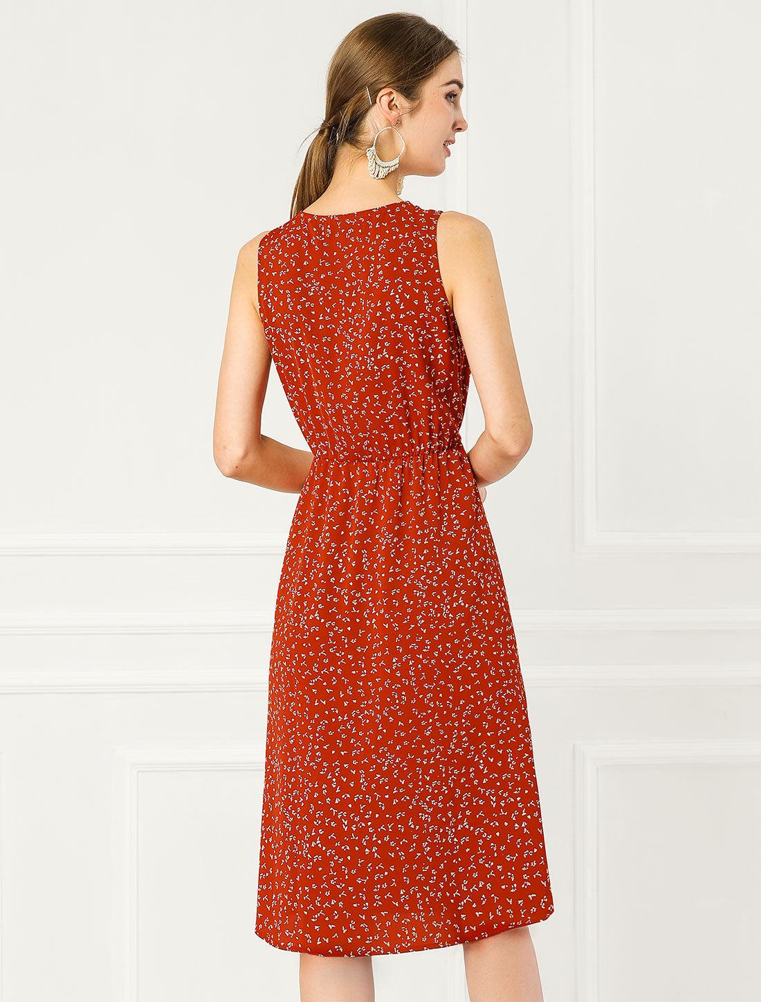 Floral Drawstring Waist Sleeveless A-Line Midi Dress Sundress