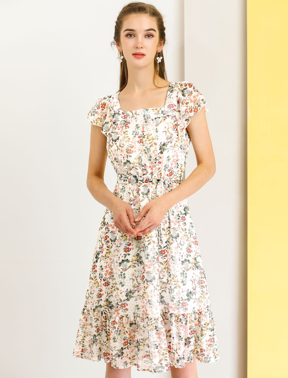 Floral Chiffon Flutter Sleeve Belted Square Neck Ruffled Hem Dress