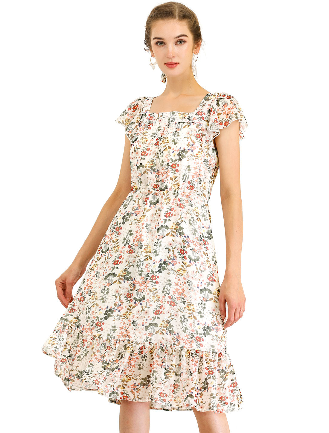 Floral Chiffon Flutter Sleeve Belted Square Neck Ruffled Hem Dress