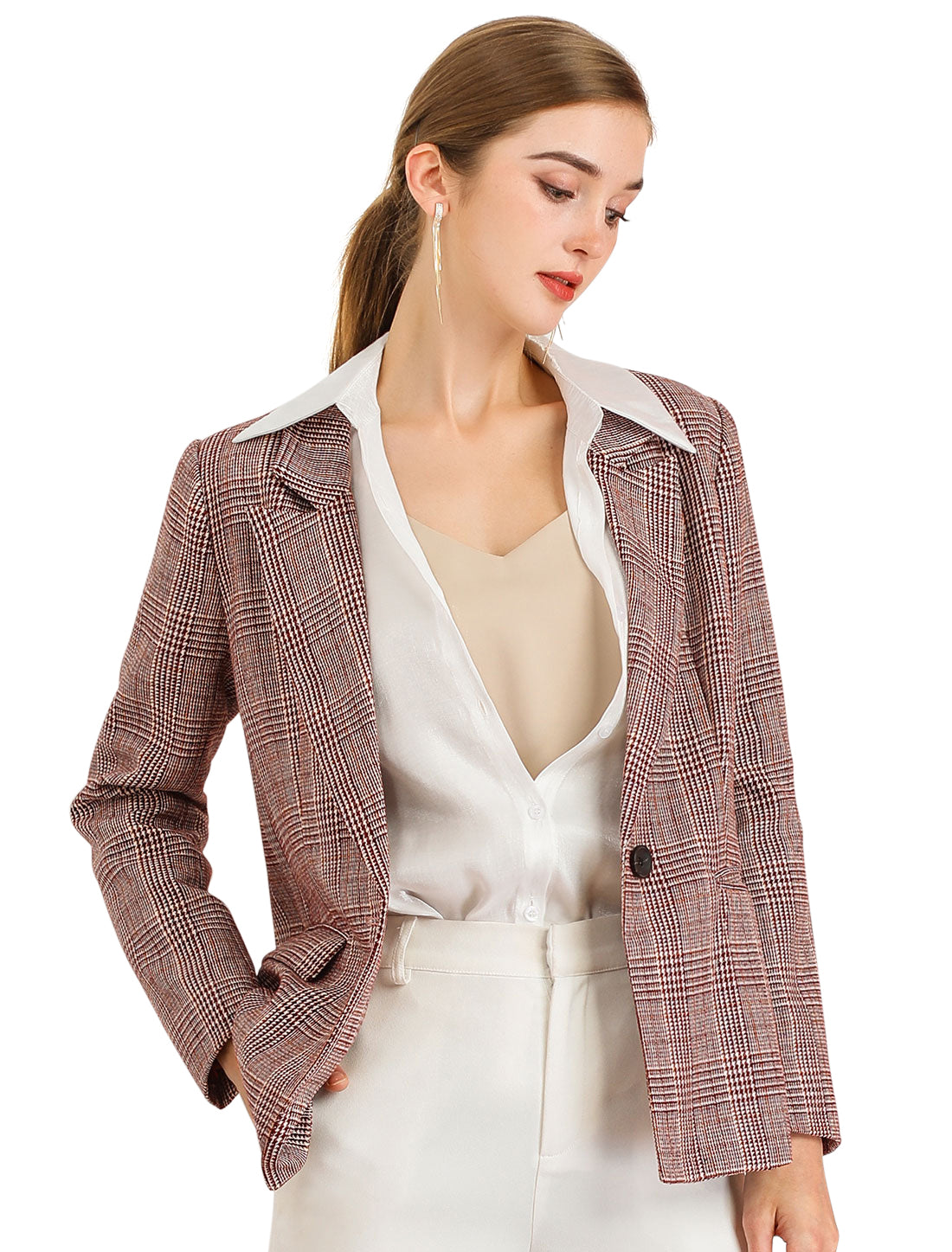 Plaid Notched Lapel One Button Houndstooth Blazer Jacket