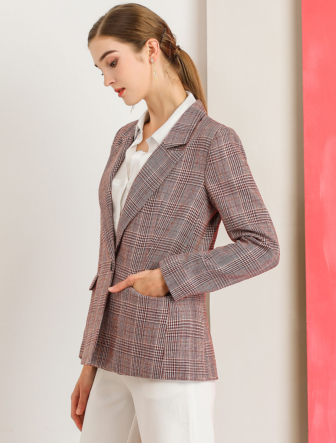 Plaid Notched Lapel One Button Houndstooth Blazer Jacket