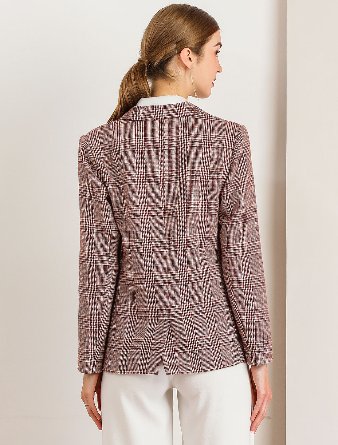 Plaid Notched Lapel One Button Houndstooth Blazer Jacket