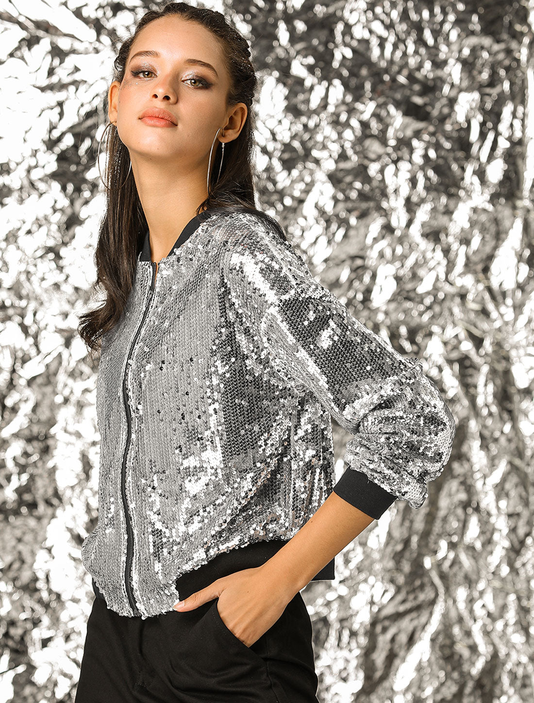 Sequin Sparkle Party Long Sleeve Zipper Bomber Jacket