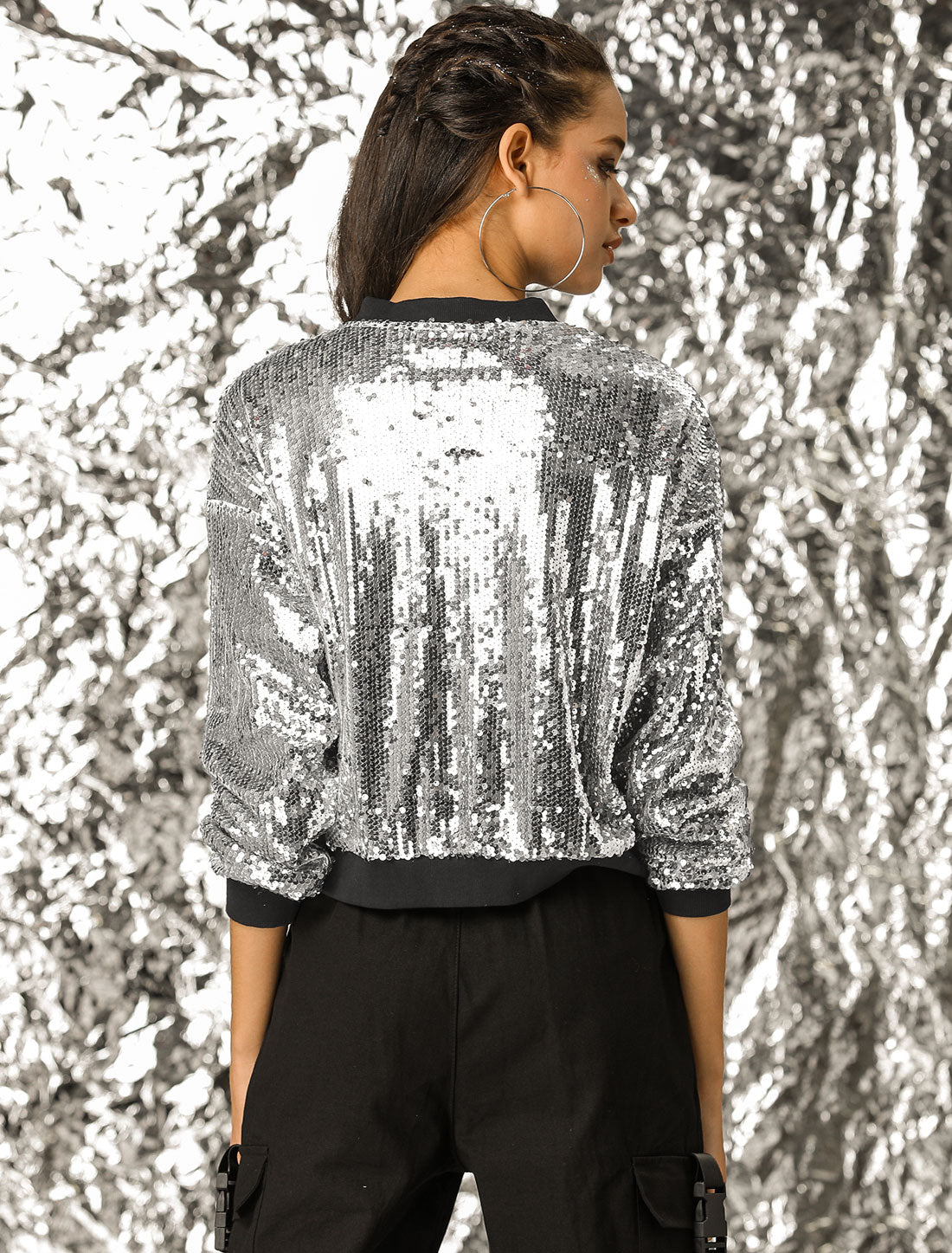 Sequin Sparkle Party Long Sleeve Zipper Bomber Jacket