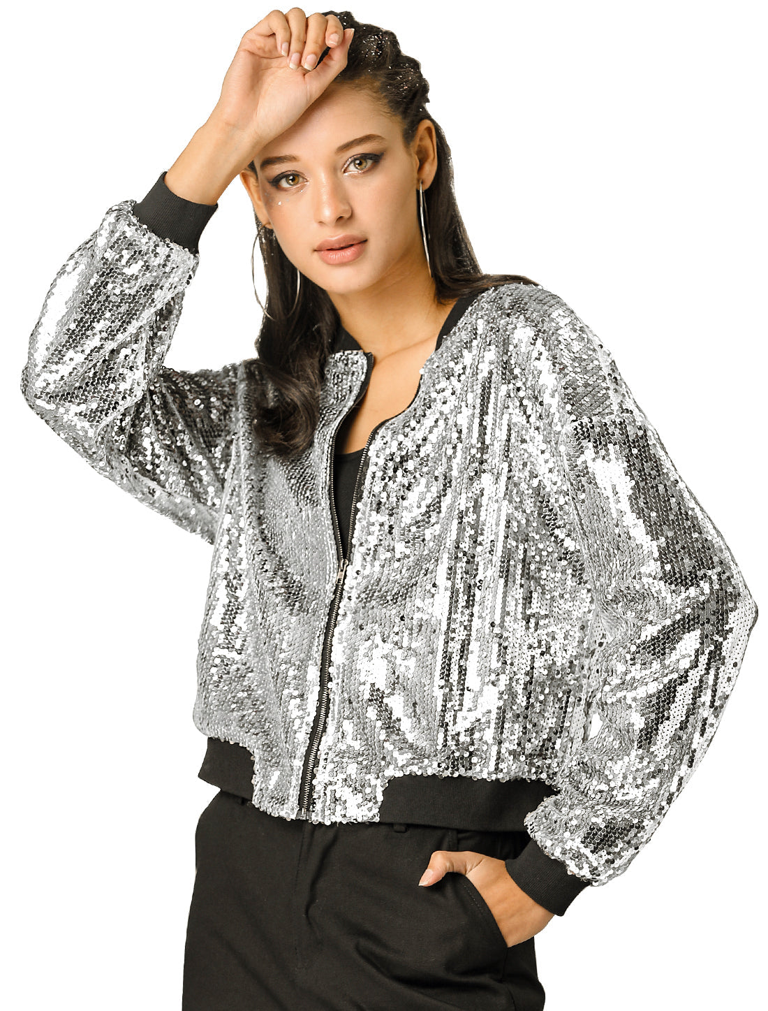 Sequin Sparkle Party Long Sleeve Zipper Bomber Jacket
