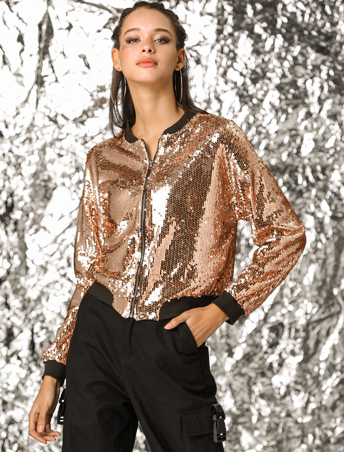 Sequin Sparkle Party Long Sleeve Zipper Bomber Jacket