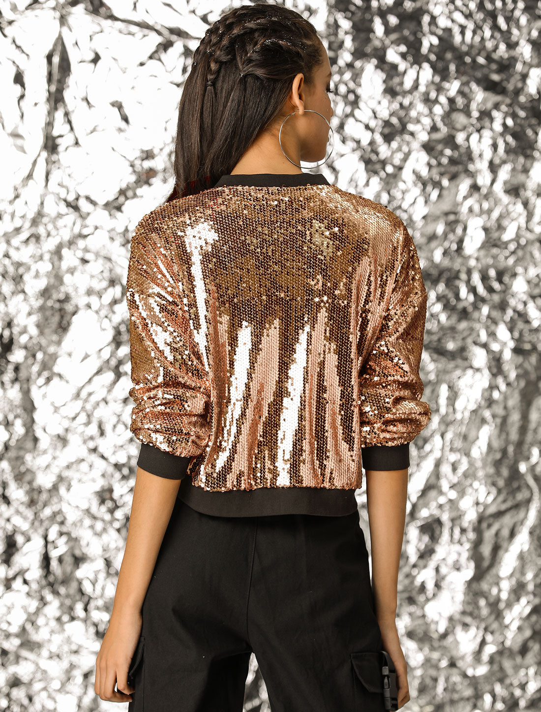 Sequin Sparkle Party Long Sleeve Zipper Bomber Jacket