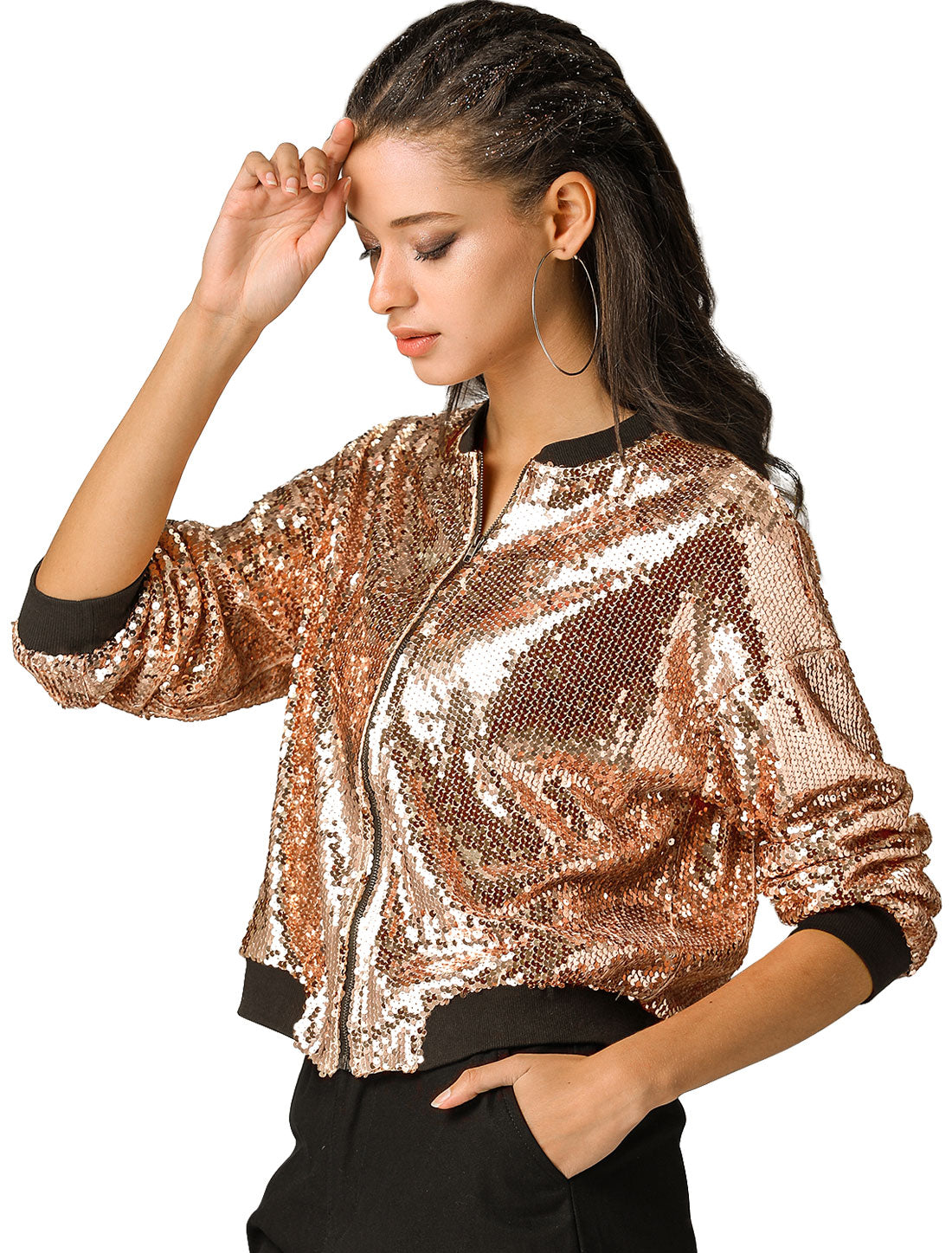 Sequin Sparkle Party Long Sleeve Zipper Bomber Jacket