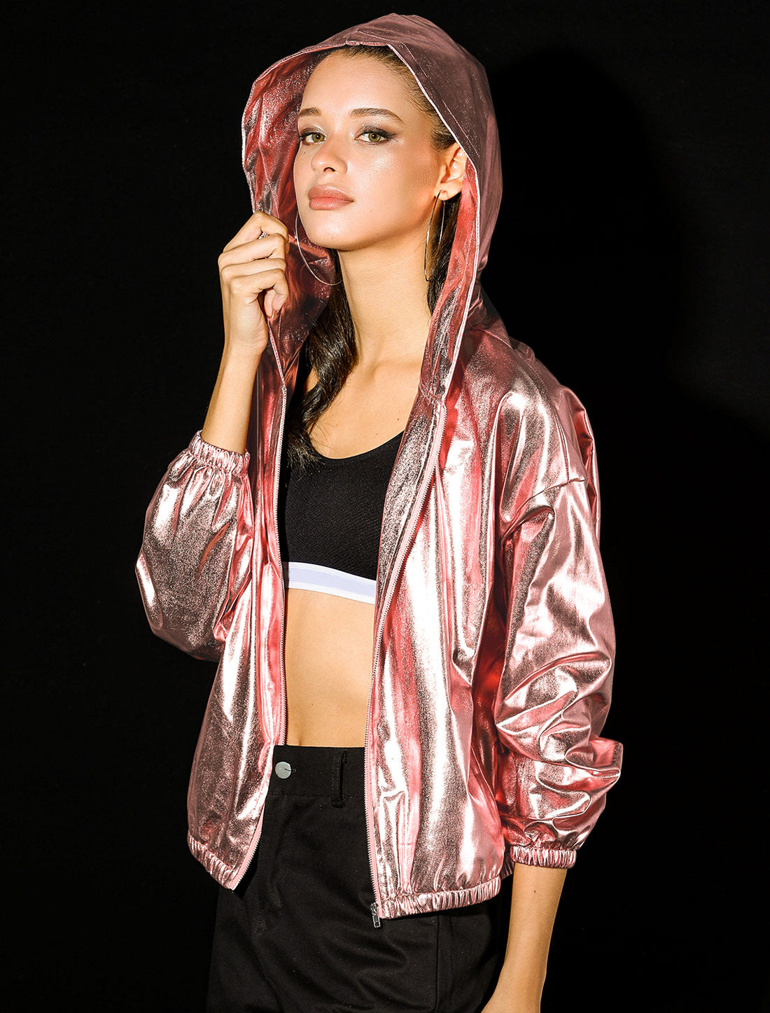 Holographic Party Shiny Lightweight Zipper Hooded Metallic Jacket