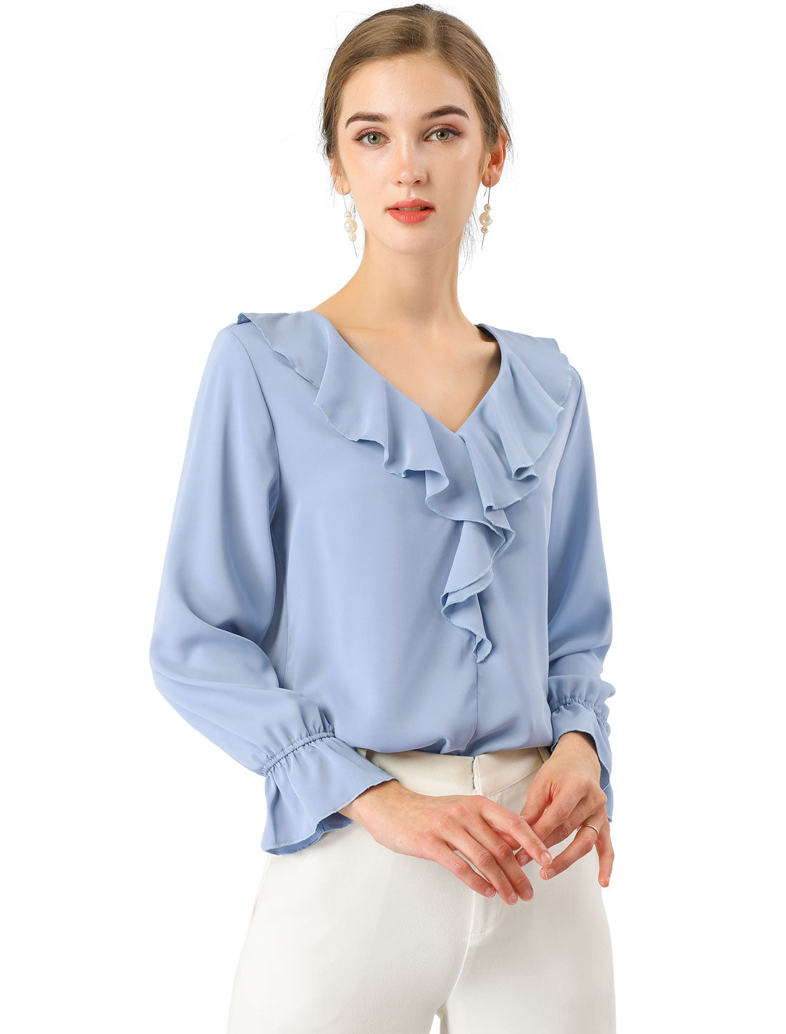 Ruffle Neck Gathered Cuff Long Sleeves Blouse