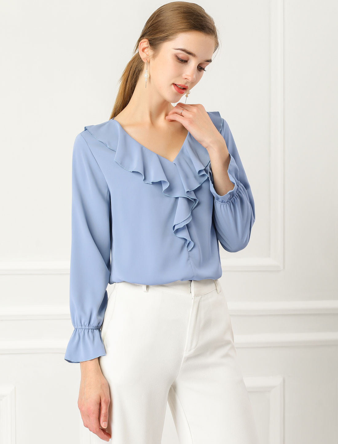 Ruffle Neck Gathered Cuff Long Sleeves Blouse