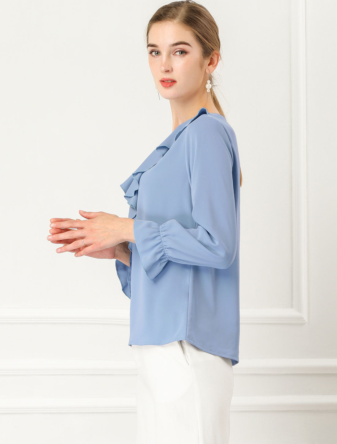 Ruffle Neck Gathered Cuff Long Sleeves Blouse
