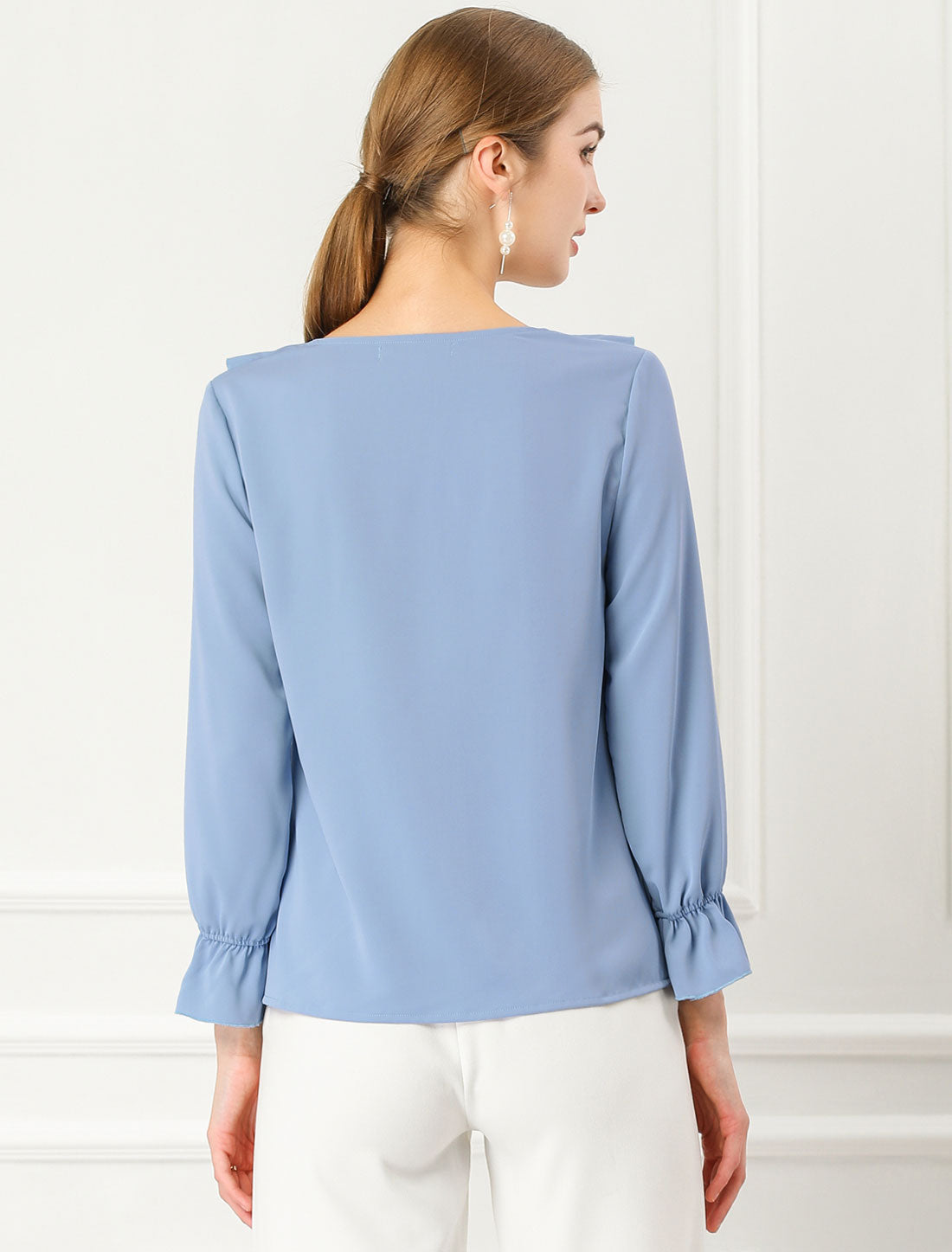 Ruffle Neck Gathered Cuff Long Sleeves Blouse
