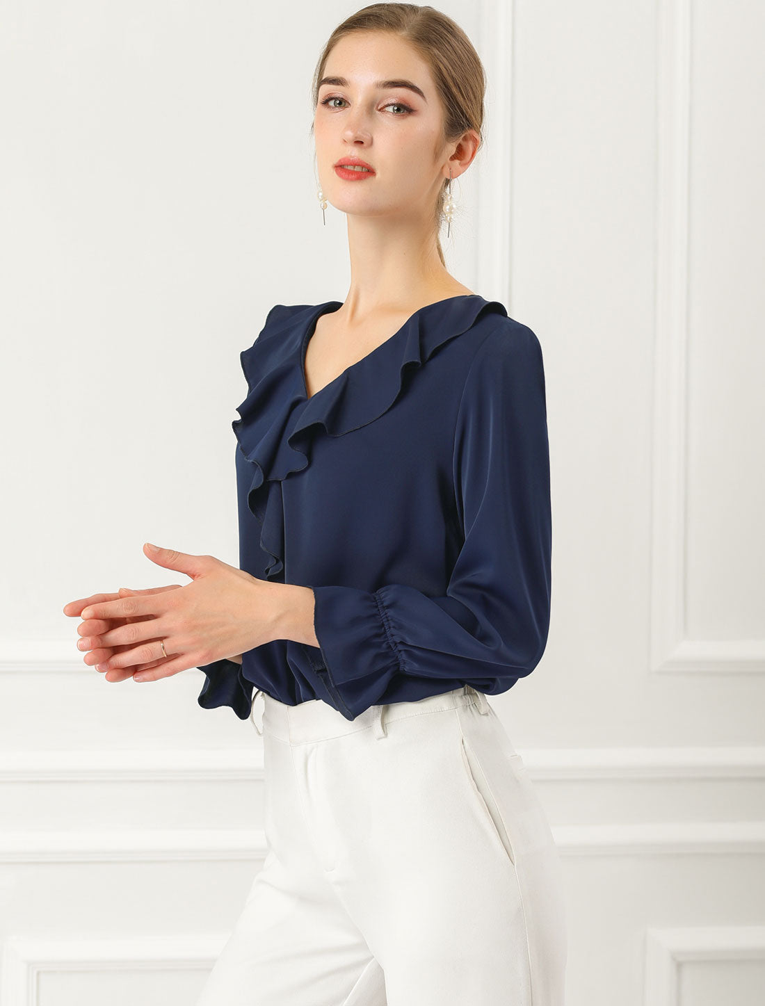 Ruffle Neck Gathered Cuff Long Sleeves Blouse
