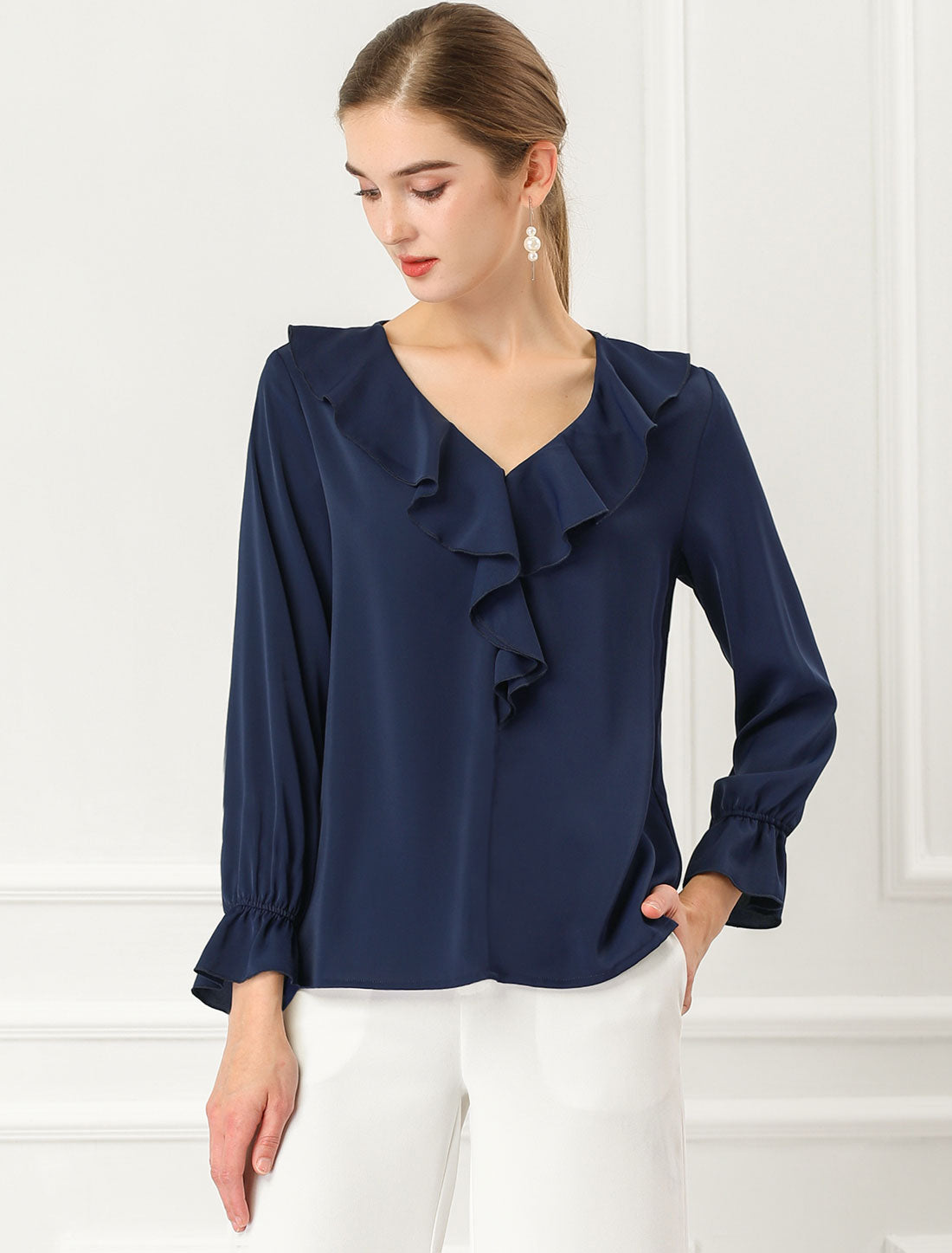 Ruffle Neck Gathered Cuff Long Sleeves Blouse