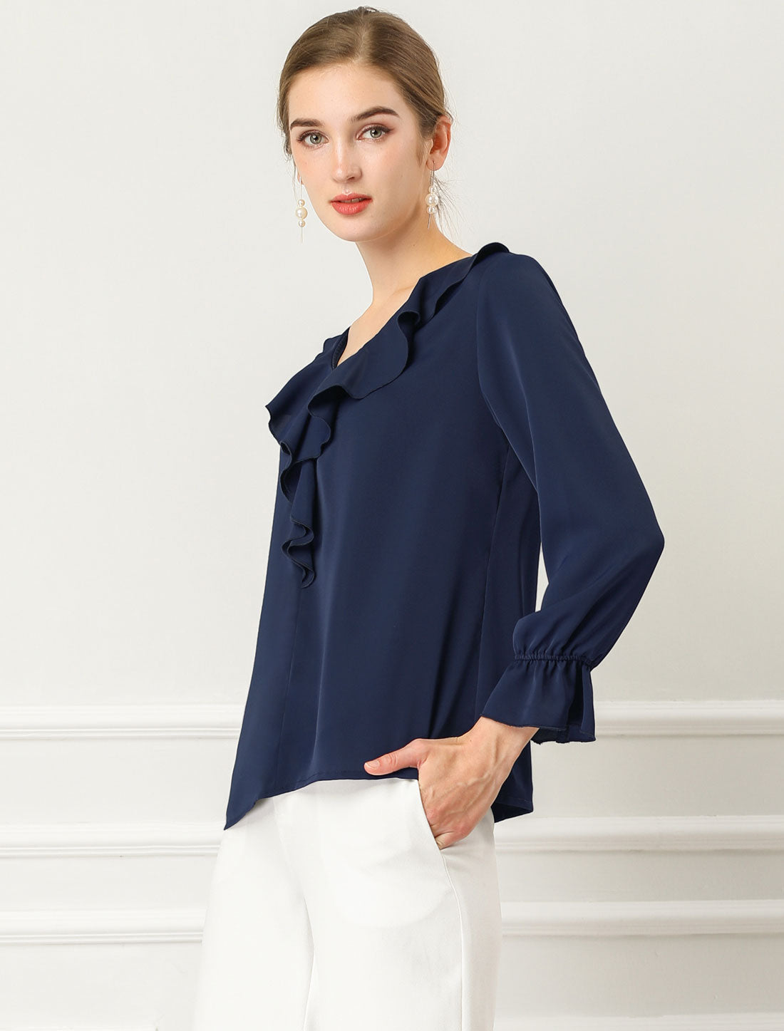 Ruffle Neck Gathered Cuff Long Sleeves Blouse