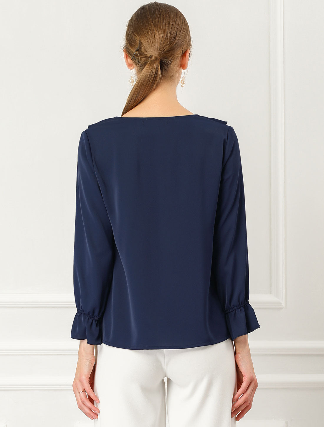 Ruffle Neck Gathered Cuff Long Sleeves Blouse